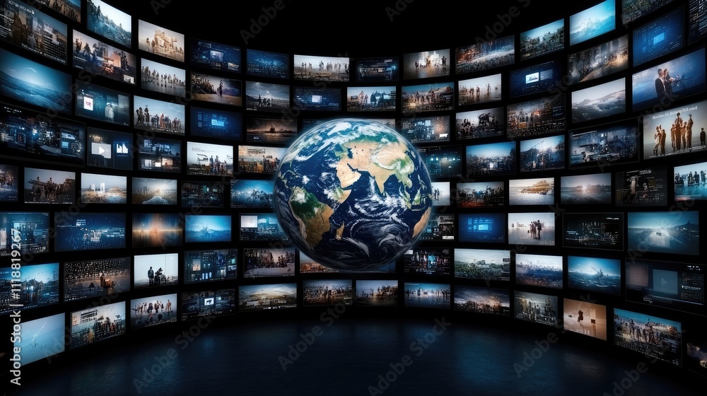 Poster abstract digital background features earth at the center, surrounded by screens displaying various g