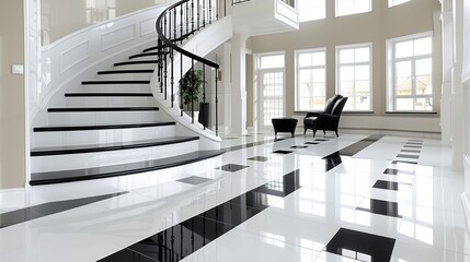 Fototapeta premium Elegant black and white checkered flooring design in a modern home with a sweeping staircase and large windows enhancing natural light