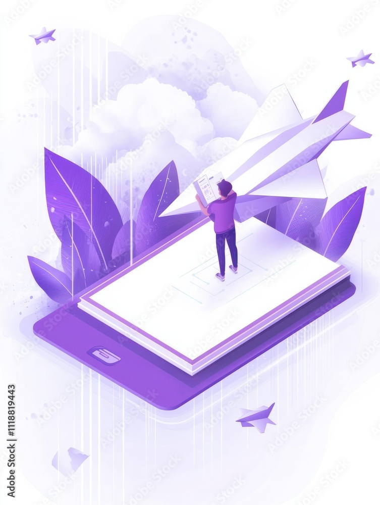 Poster user with book and tablet watching himself flying on paper plane in augmented reality. virtual reali