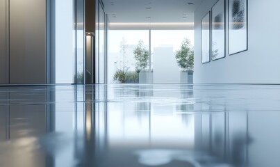 Fototapeta premium Reflections on Wet Floor in Modern Minimalistic Interior Space
