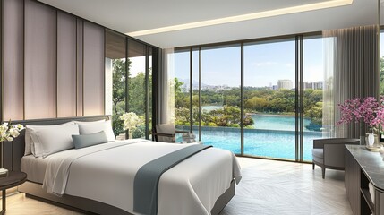 Modern bedroom interior design luxury apartment with scenic views and bright ambiance