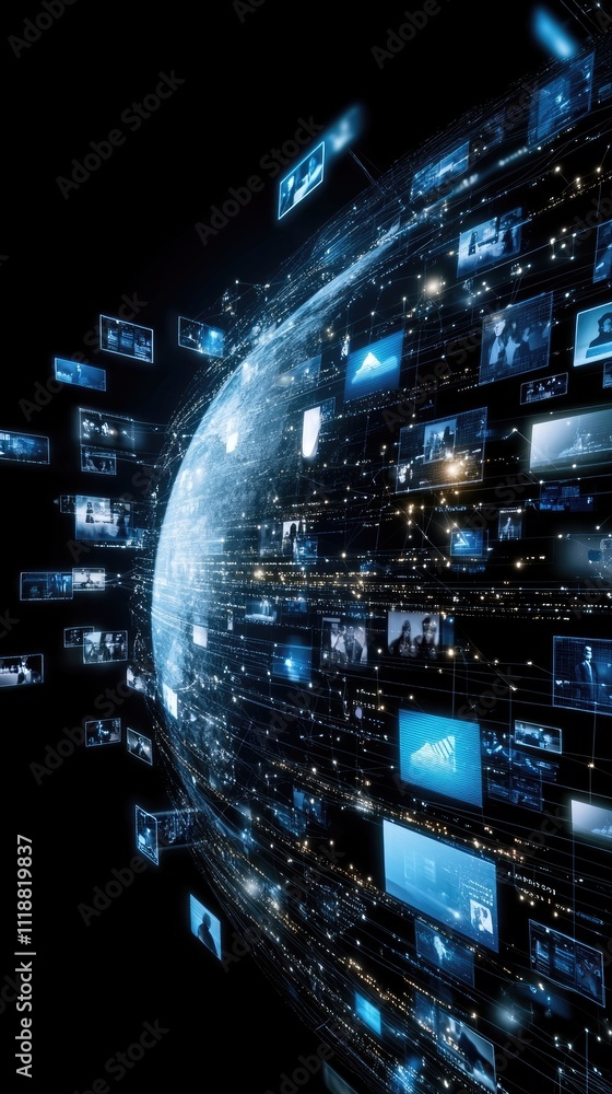Aufkleber abstract digital background features earth at the center, surrounded by screens displaying various g