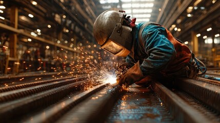 A skilled construction worker meticulously welds steel, emitting bright sparks against a backdrop of scaffolding and partially completed buildings, showcasing craftsmanship