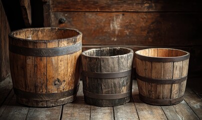 Fototapeta premium Rustic wooden buckets with metal bands, aged and weathered textures, arranged on a wooden floor for a nostalgic countryside aesthetic