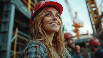 A collaborative group of engineers in hard hats inspects a massive construction project. Steel beams and cranes dominate the skyline, creating a professional atmosphere