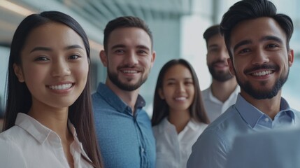 Friendly business group smiling for a picture in an office environment.