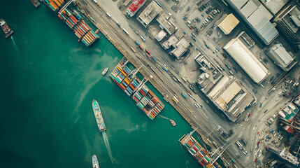 Aerial view of a bustling industrial port with cargo ships and cranes surrounded by turquoise water. The scene emphasizes global trade and logistics.