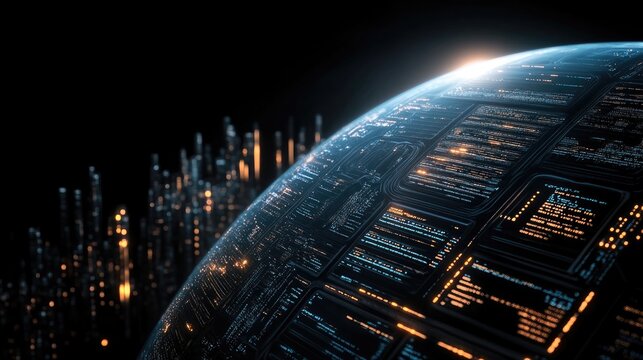 Visual representation of a digital Earth featuring numerous screens showcasing images of technology, people, and news in a modern setting