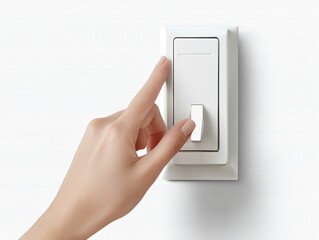 Hand gently pressing smart light switch to turn it off or on.