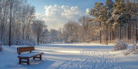A serene winter landscape captures the tranquil beauty of a snow-covered park, where a bench sits quietly amid trees dusted with fresh, pristine snow beneath a bright, cloudy sky