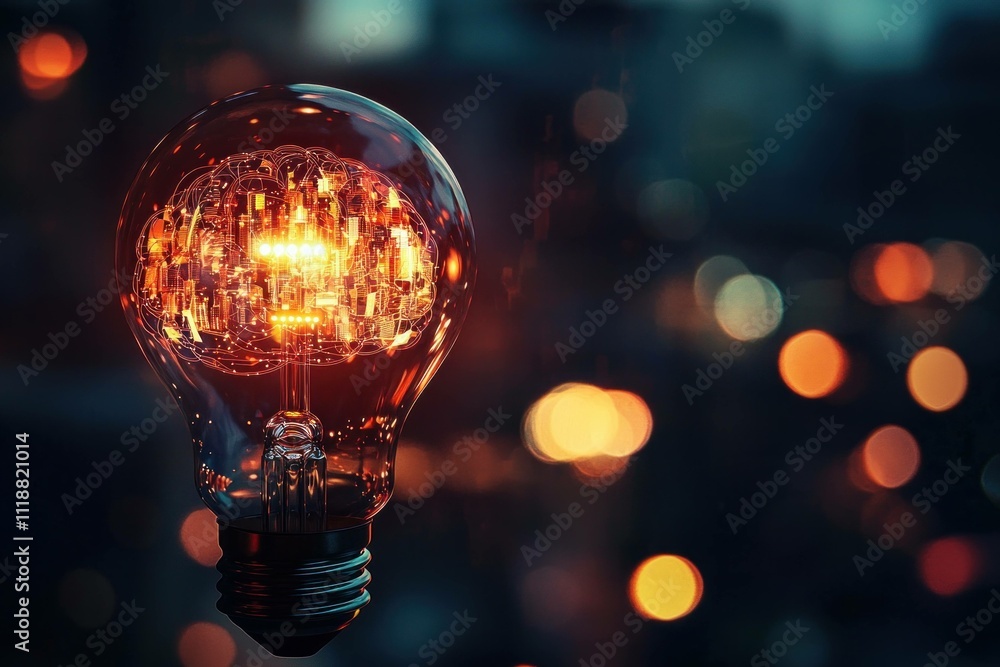 Poster glowing vintage light bulb illuminating dark background, creating a warm ambiance with bokeh effect 