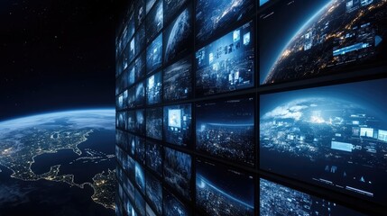 Visual representation of a digital Earth featuring numerous screens showcasing images of technology, people, and news in a modern setting