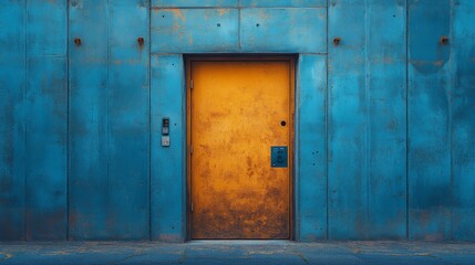 A striking yellow door is set against a textured blue concrete wall, creating a bold visual contrast. The door features a simple lock and keypad, suggestive of modern security features.
