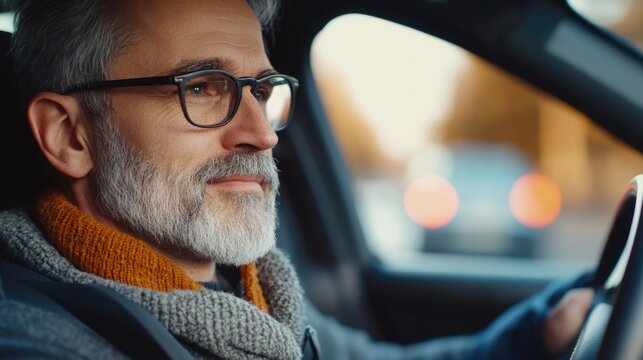 A middle-aged man with a beard and sunglasses, driving in city traffic. The car is stopped at an intersection, indicative of the hustle and bustle of urban life.