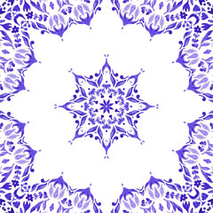 Blue seamless ornamental watercolor tiled pattern hand drawn graphic mandala. Gorgeous azulejo reapeatable rapport.