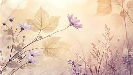 Soft floral background featuring pastel flowers and leaves in warm lighting
