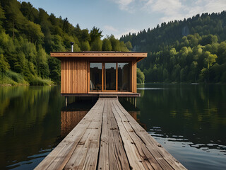 Wooden House with a Terrace Overlooking a Serene Lake