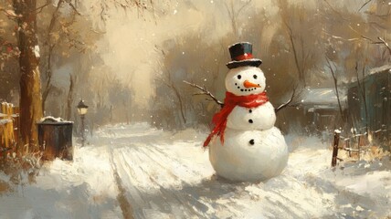 Obraz premium A Snowman in a Snowy Winter Landscape with a Street