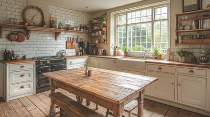 Fototapeta premium A charming and rustic kitchen with vintage wooden furniture, a large window, and white tiled walls highlighting the warm and inviting atmosphere.