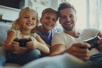 A happy family of three playing a game on the PS4, enjoying quality time together.