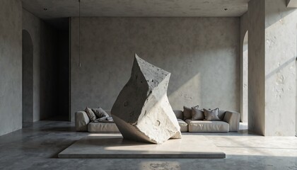 A modern minimalistic interior featuring a massive abstract stone sculpture in a neutral-toned room, illuminated by soft natural light.