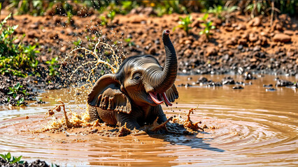 A Playful Baby Elephant Splashing Water With Its Trunk in a Muddy Watering Hole