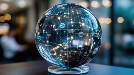 Transparent glass globe signifies digital twin of financial networks while a business person engages in work at a desk nearby