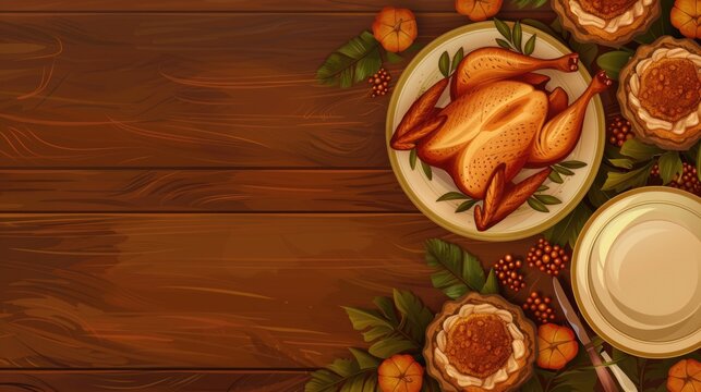 An illustrated image of a Thanksgiving table setting with turkey, stuffing, pie, and autumnal decor.