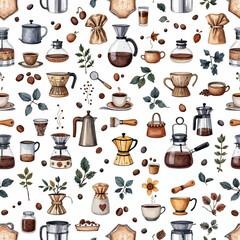 Watercolor seamless pattern with coffee equipments, coffee machines, coffee types on white background
