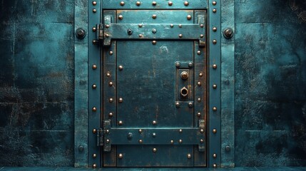 A sturdy metal door with rivets and multiple locks stands against a textured dark wall in an industrial space. The dim lighting emphasizes the door's detailed craftsmanship.