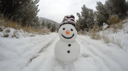 Obraz premium Snowman with Striped Hat in Snowy Landscape
