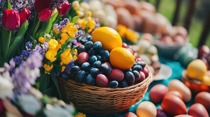 Naklejka premium A beautifully arranged basket overflowing with fresh fruits including plums and oranges, surrounded by vibrant flowers, creating a picturesque display outdoors during the daytime.