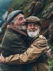 Fototapeta premium Two older men hugging and smiling on a mountainous cliff, expressing love and camaraderie.