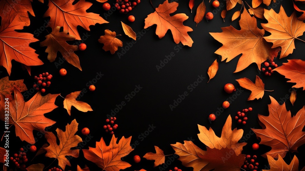 Poster black background with a circle of orange leaves and berries. the leaves are arranged in a spiral pat