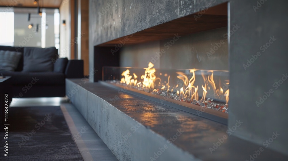 Aufkleber a linear concrete fireplace spans the length of one wall its smooth surface and angular design addin