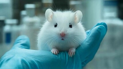 White lab mouse nestled gently in a gloved hand amidst a laboratory setting filled with vials and equipment