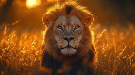  Majestic lion at sunset in golden savanna grass.