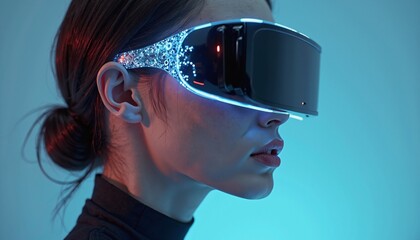 A young woman wearing futuristic VR glasses with glowing blue accents, showcasing the fusion of technology and fashion.
