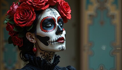 A woman with intricate sugar skull makeup adorned with red roses, embodying cultural traditions and vibrant artistry.