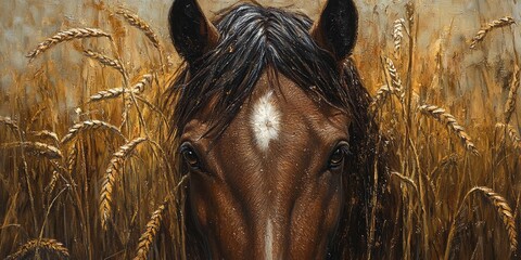 Close-up of a majestic horse gazing through golden wheat fields under a serene sky