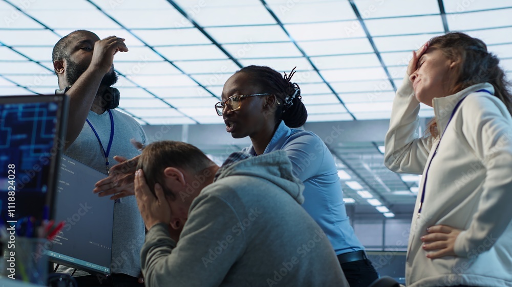 Poster employees fighting in office after mistake leading to errors in high tech ai data center. it workers