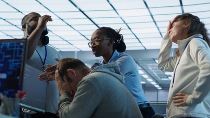 Employees fighting in office after mistake leading to errors in high tech AI data center. IT...