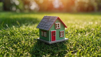 Naklejka premium Copy space of home and life concept. Small model home on green grass with sunlight abstract background