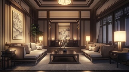 Fototapeta premium luxurious modern Chinese style lounge area with soft neutral tones, warm wood accents, Chinese inspired sculptures