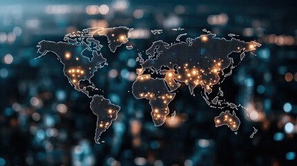 Dynamic stock market trends are visually represented with a world map overlay, highlighting global connections and financial activity