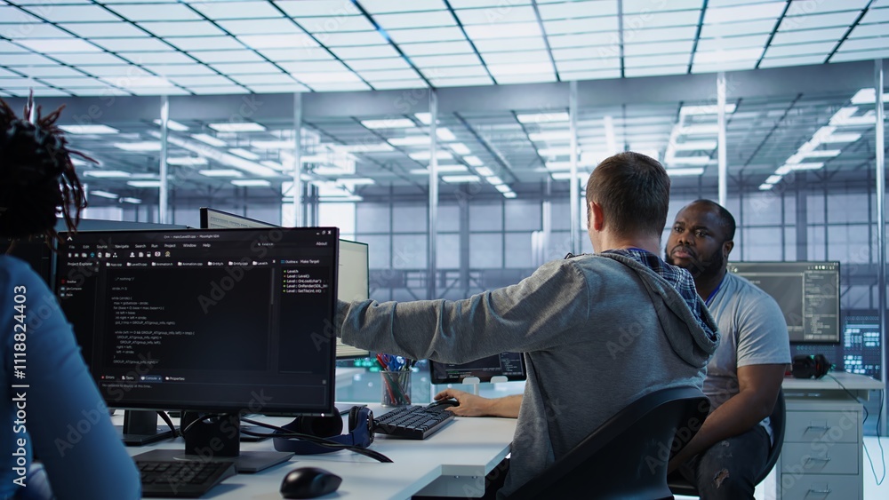 Poster manager admonishing programmer after making error damaging high tech data center. supervisor scoldin