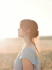 A serene profile of a woman in a field during sunset, evoking calmness and reflection.
