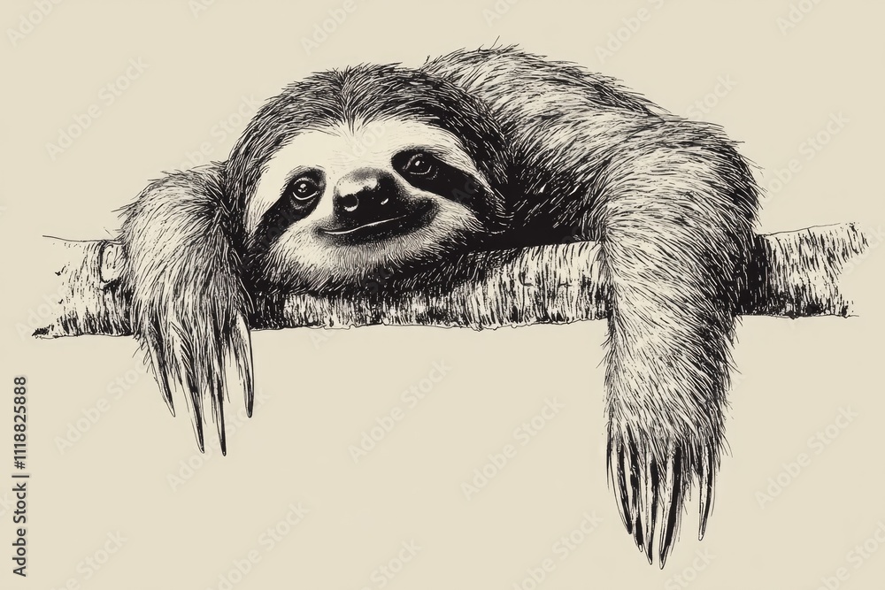 Poster drawing of a sloth laying on a branch. the sloth is smiling and he is relaxed