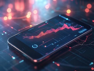Obraz premium Digital interface on phone screen with stock market indicators and futuristic graphics.