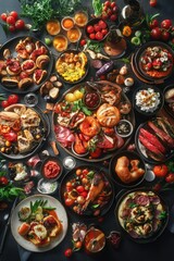 Variety of dishes in plates, bowls and jars.